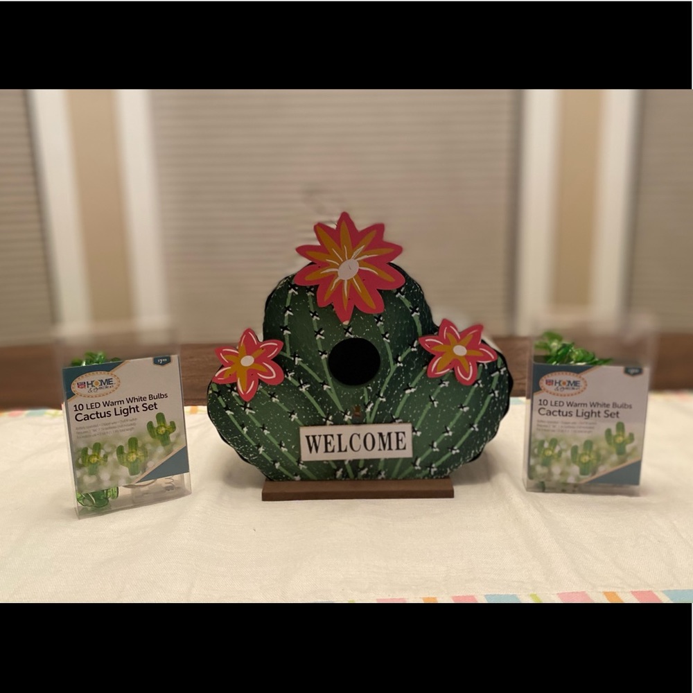 Cactus With Pink Flowers Hanging Birdhouse & 2 Sets of LED Cactus String Lights